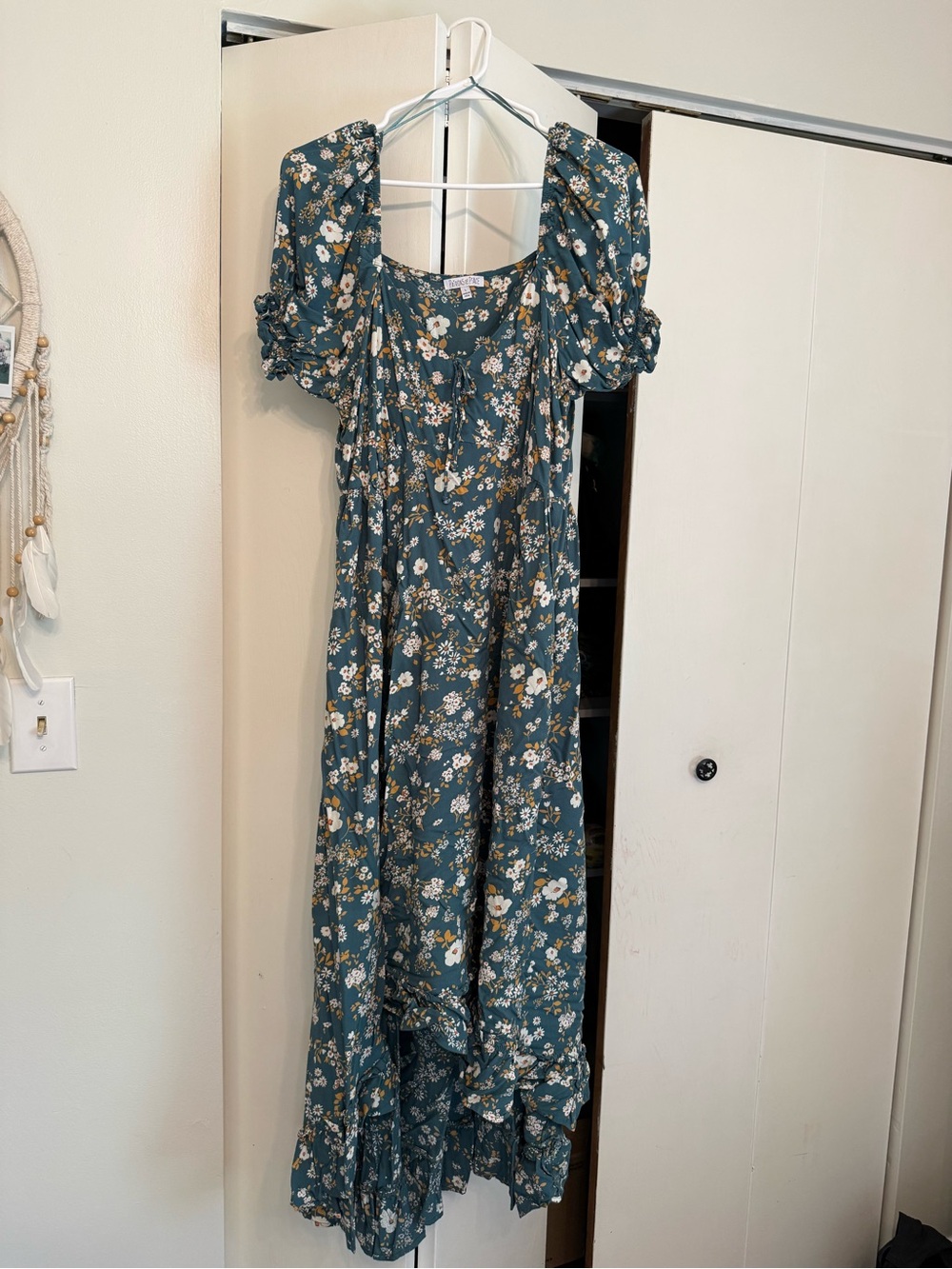 Patrons of Peace Teal Floral Puff-Sleeve Maxi Dress